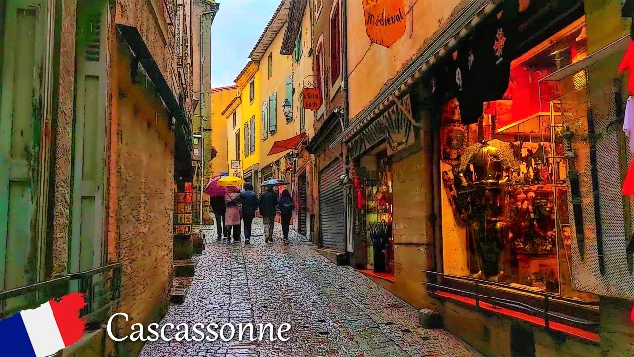 Cité de Carcassonne 🏰 Most Beautiful Fortified Medieval City in France ☔ Rain Walk 4K