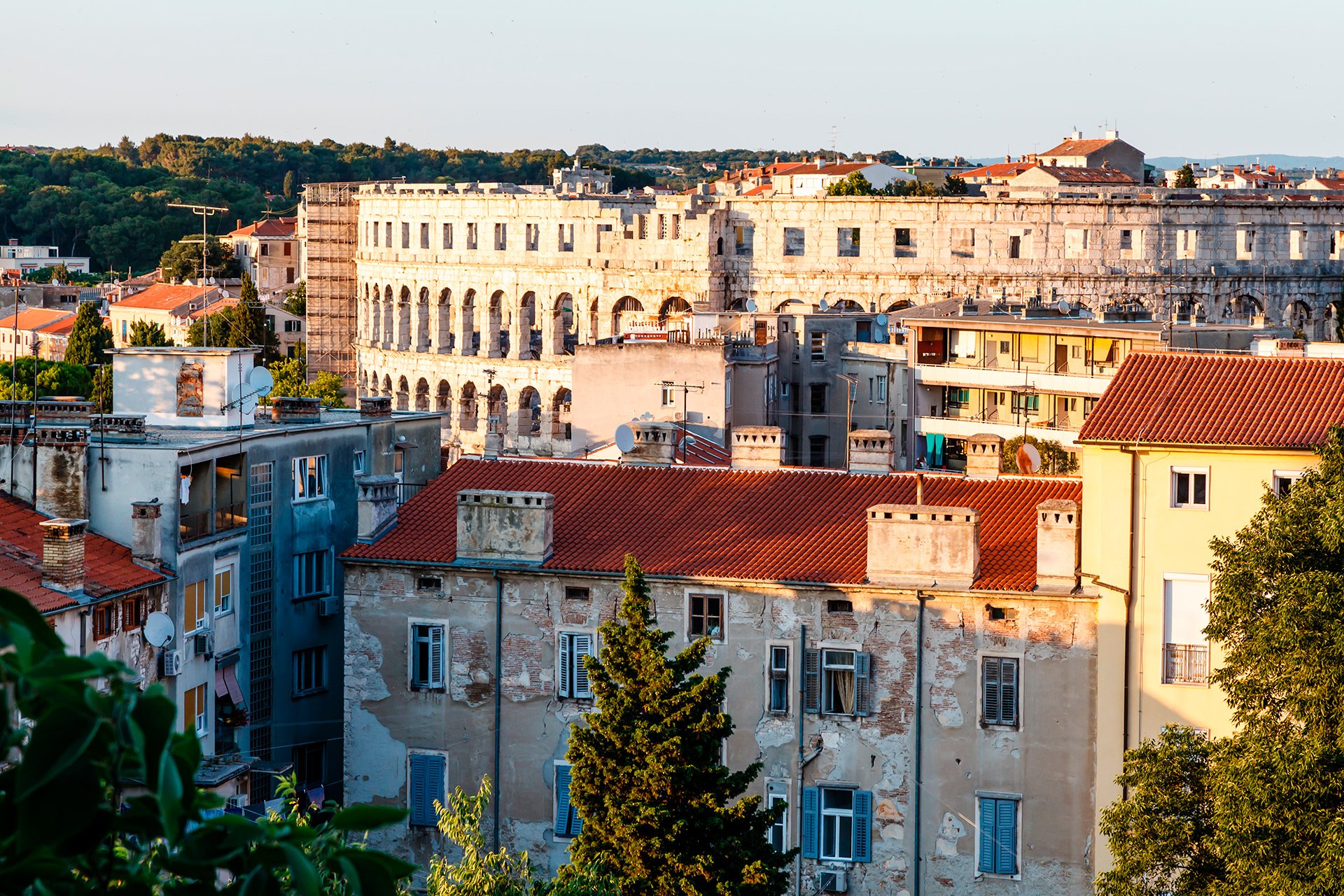Roofs of houses near the Roman amphitheater in the city of Pula Roofs of houses near the Roman amphitheater