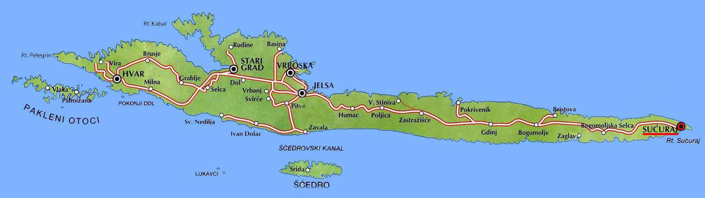 Karto of the Croatian island of Hvar in the Adriatic Sea Hvar Island Map