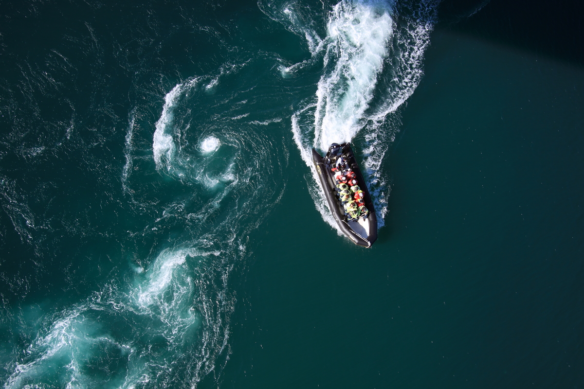 Boat at the Maelstrom whirlpool, top view Photo: Maelstrom Whirlpool