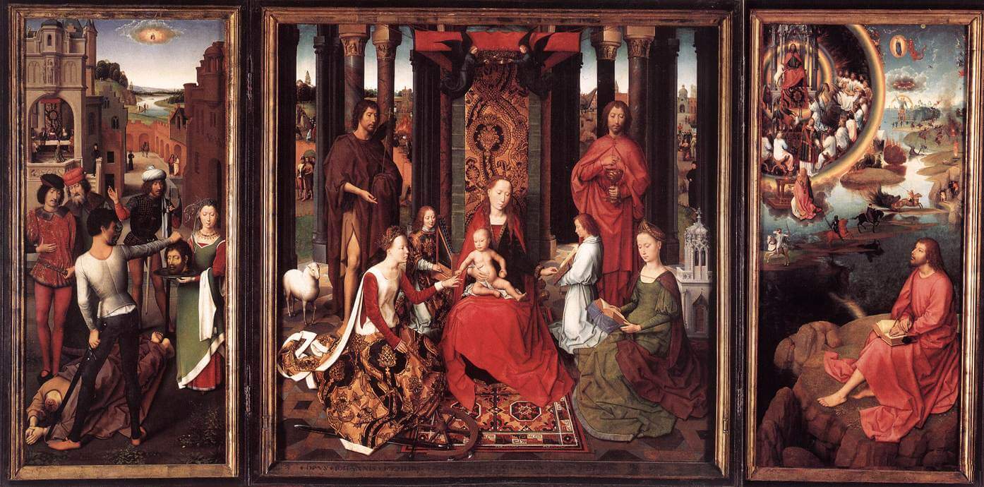 Photo of Hans Memling's tricuspid creation "The Altar of St. John the Baptist". St. John the Baptist and St. John the Baptist. St. John the Evangelist Hans Memling. St. John's Altar from St. John's Hospital
