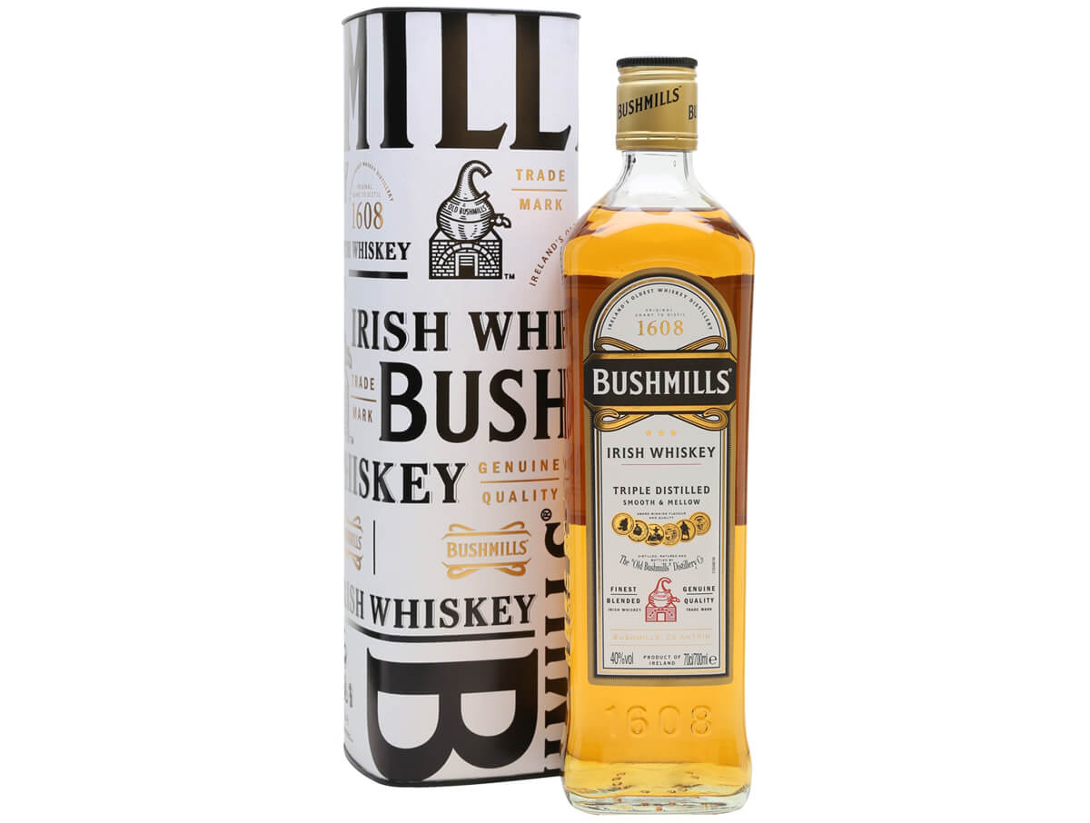 Photo of a gift bottle of whiskey with Bushmills Blended Irish packaging Bushmills Blended Irish Whiskey