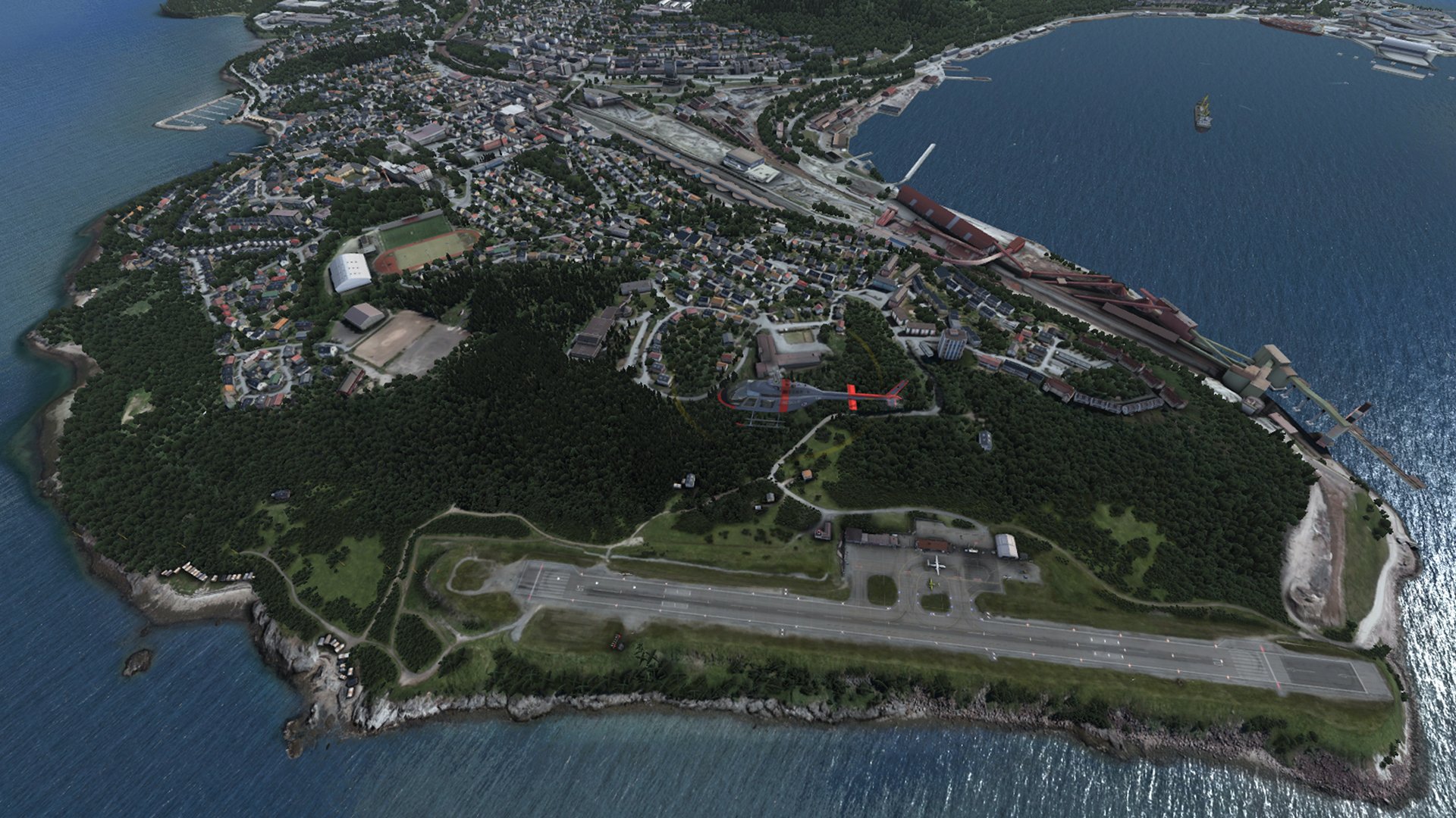 A view of the city of Narvik, its airport, and its port Photo: aerial view of the city