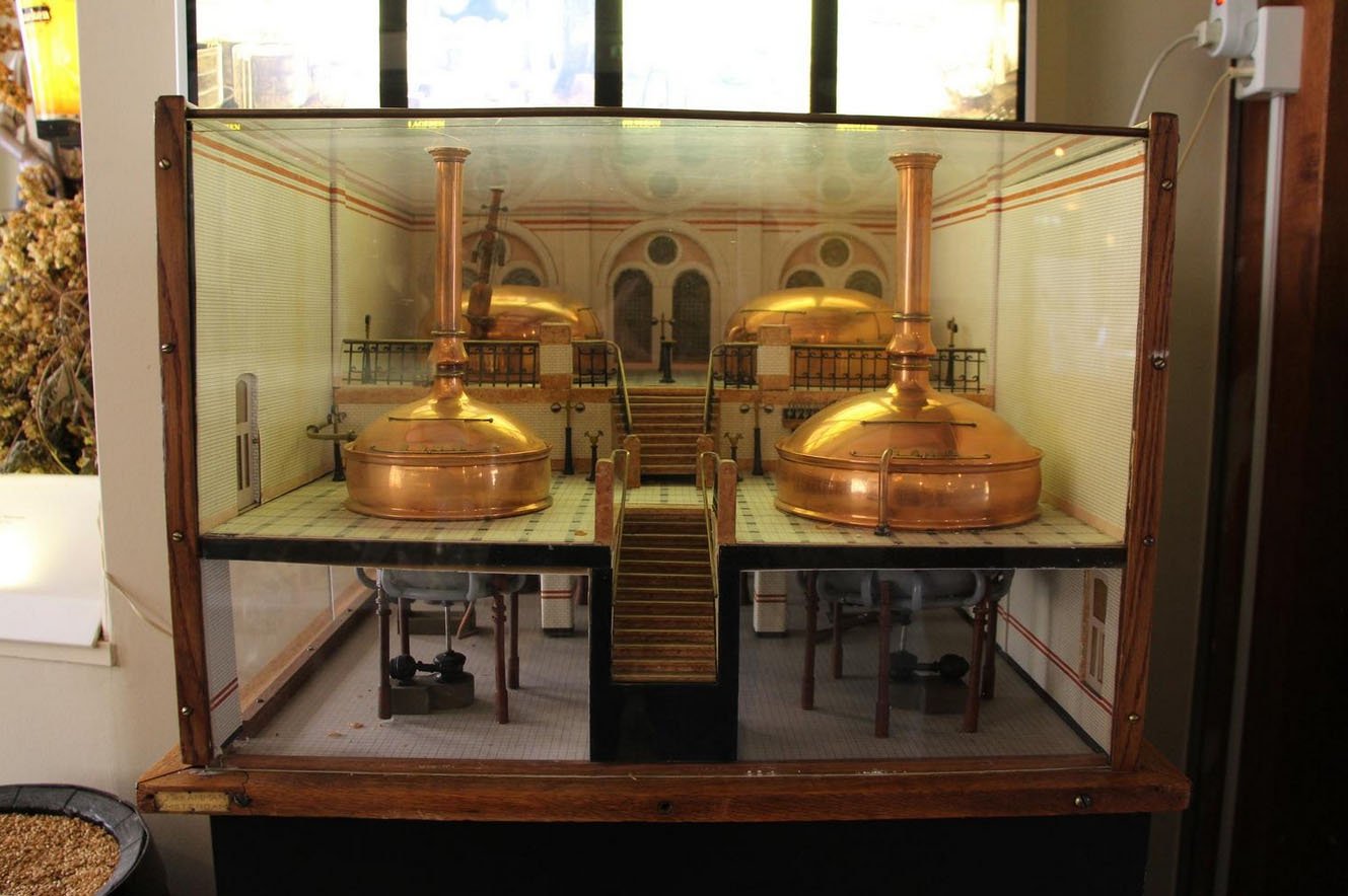 The photo shows a model of a beer factory in a museum Beer factory layout