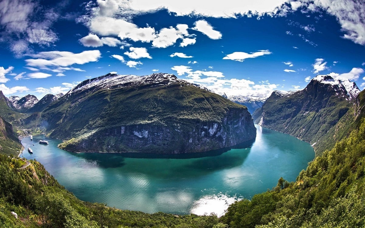 Panoramic photo of Geiranger Fjord Panoramic view of Geiranger Fjord