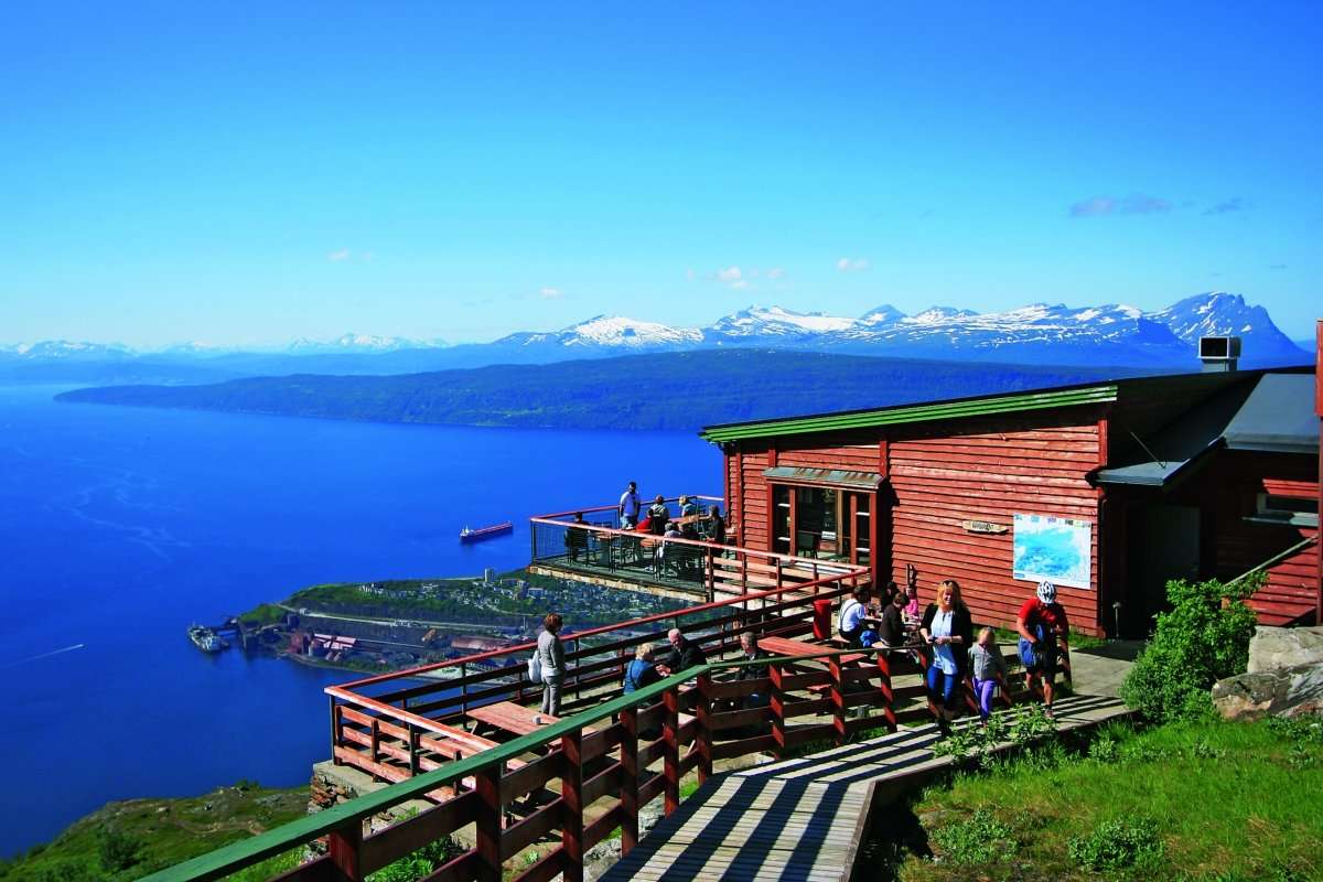 View of the bay, city, and port of Narvik from the observation deck of the restaurant Restaurant with an observation deck
