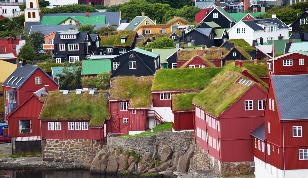 Old houses with grass-covered roofs, Torshavn Old Town of Torshavn