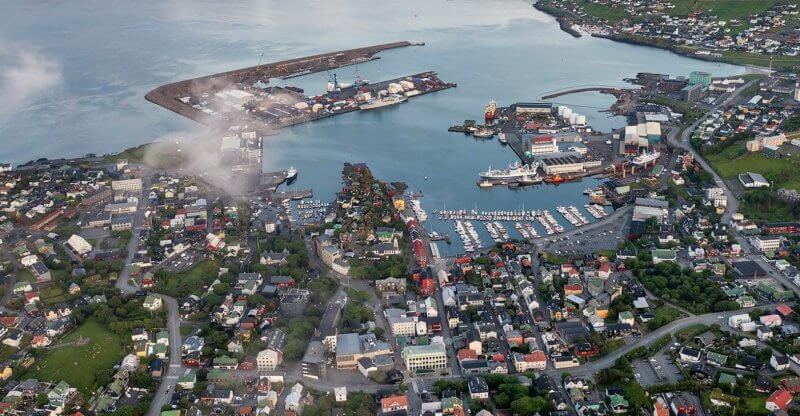 Aerial view of the port and city of Tórshavn, Faroe Islands View Torshavn city