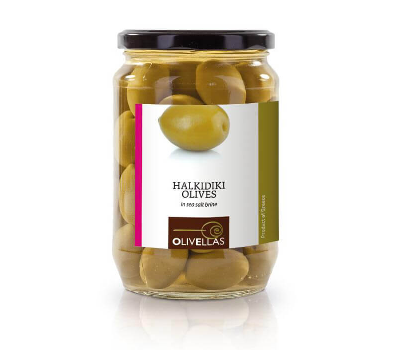 A glass jar of canned Chalkidiki olives Halkidiki olives