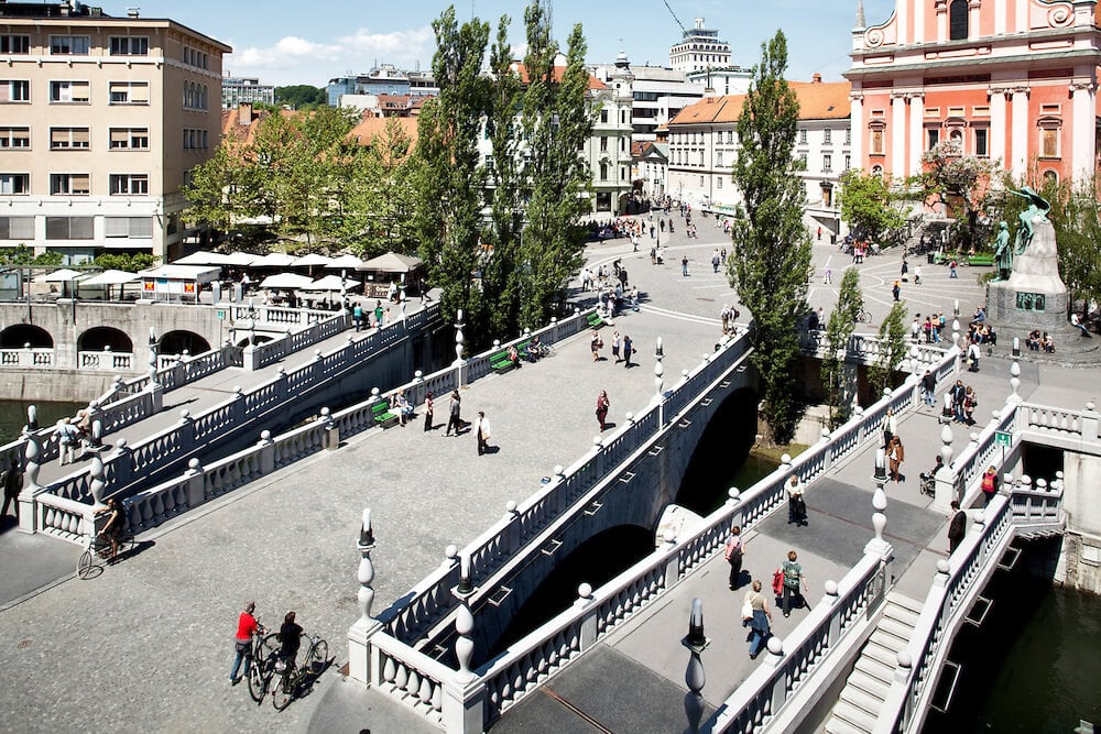 Photo of the Triple Bridge in Ljubljana from above Triple Bridge