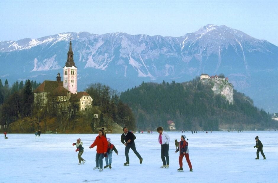 Ice skating on Lake Bled Lake Bled in winter