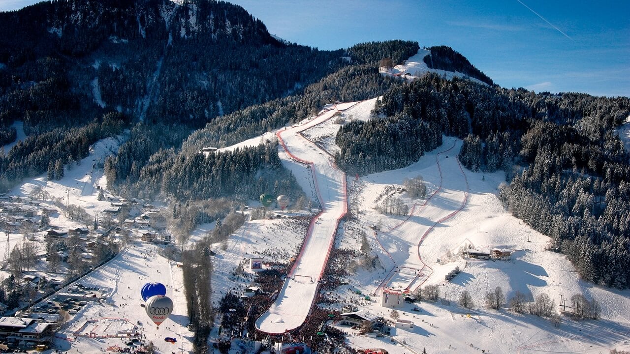 Aerial view of the Straif circuit in Kitzbühel, Austria Streif Highway