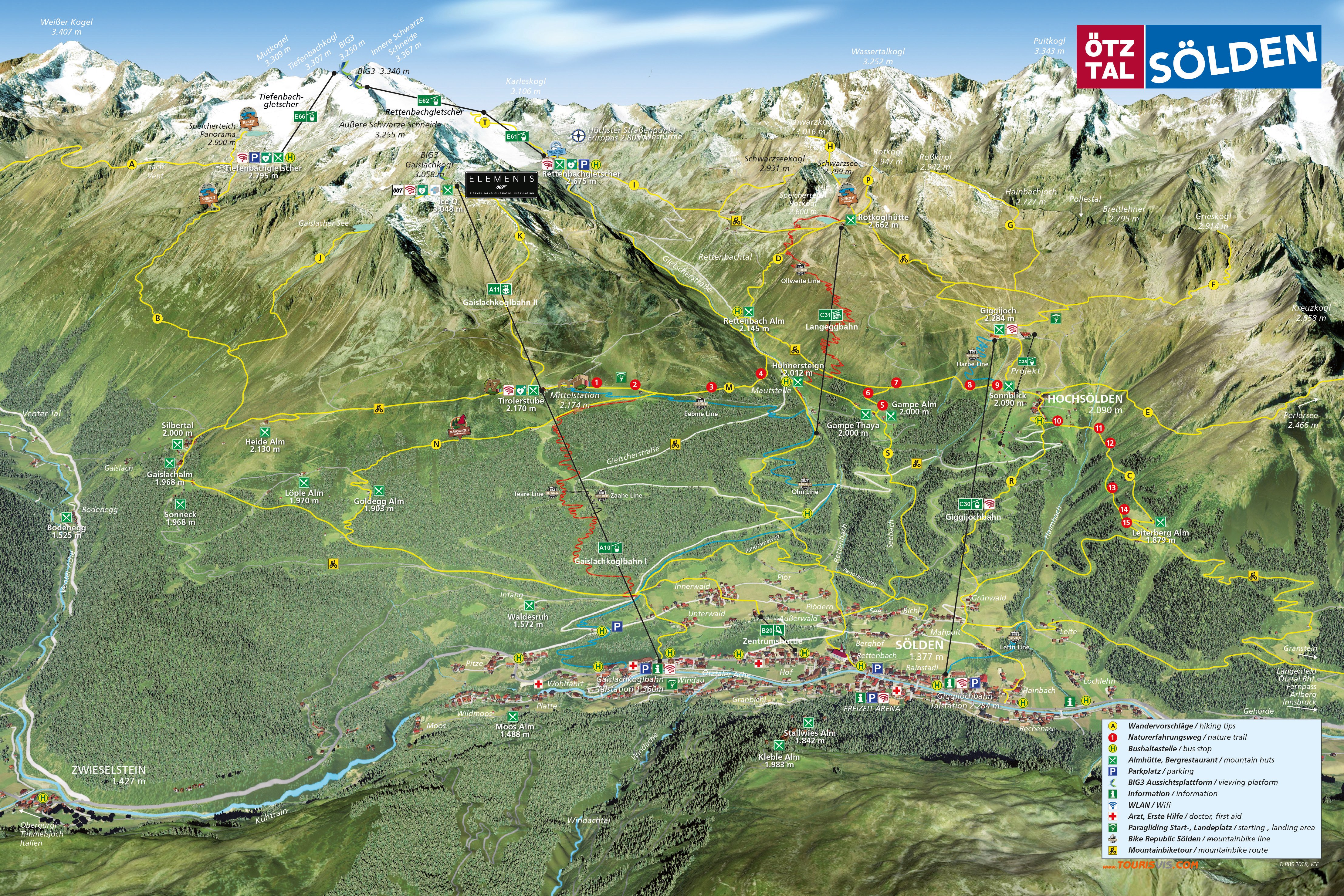 Map of hiking trails and mountain biking trails in Sölden Solden trail map